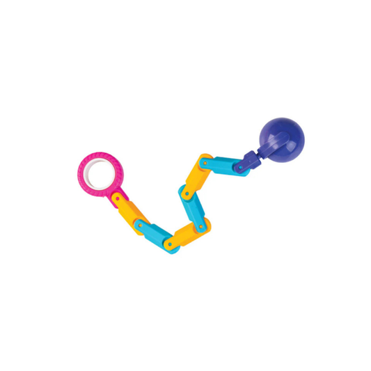 the Whirling Spinner showing a platic pink ring connected to yellow and blue plastic piecs, leading to a blue ball that can be spun.