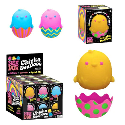 bright nee doh chick to squeeze showing all types pink, yellow and blue chicks