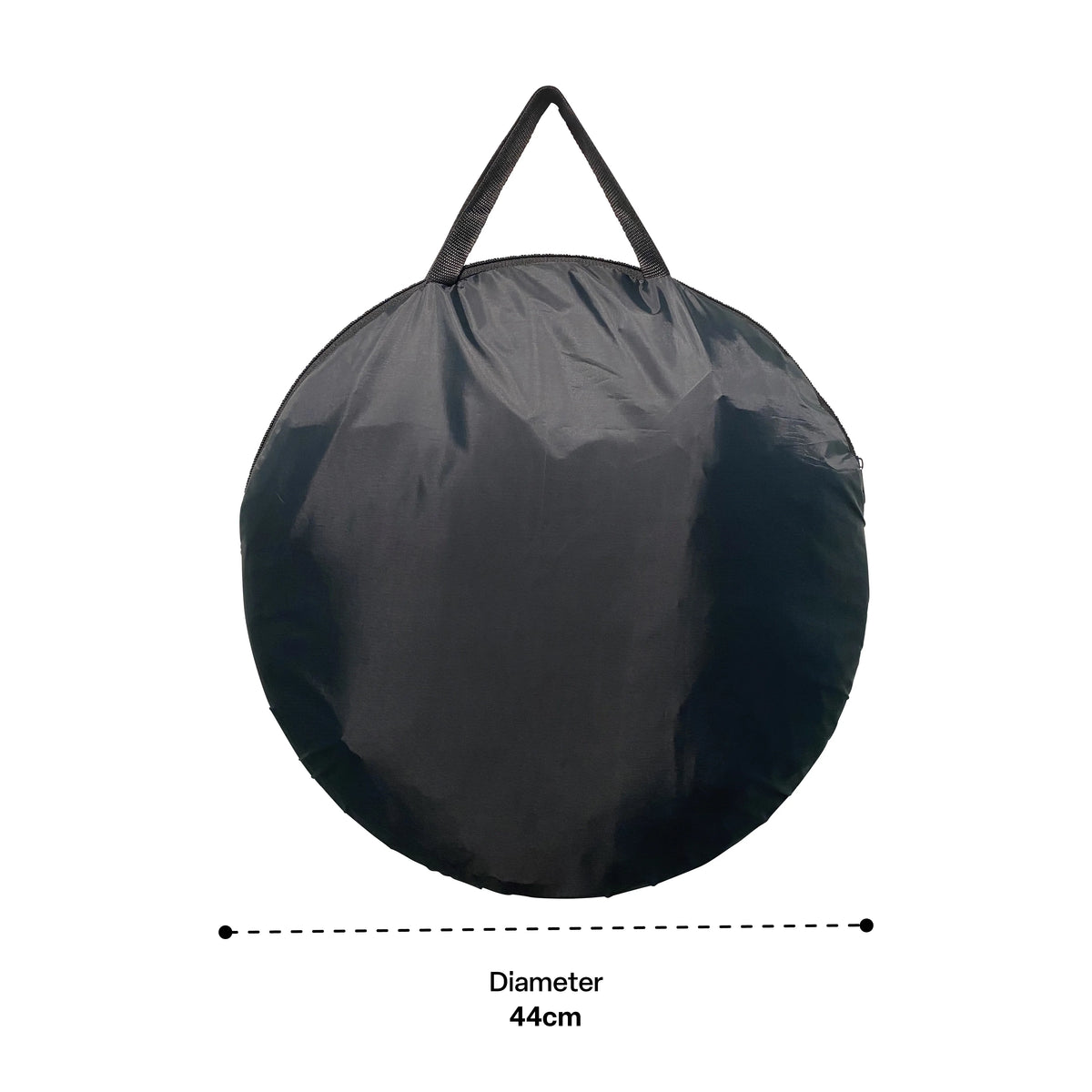 black pop up tent folded in carry bag