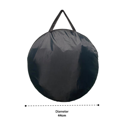 black pop up tent folded in carry bag
