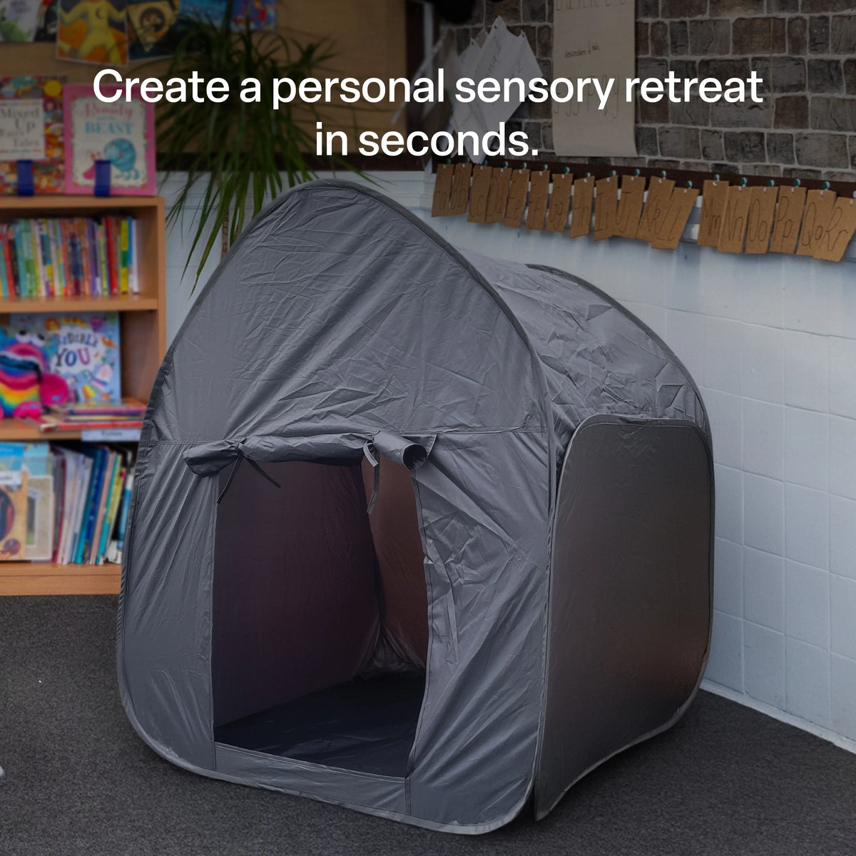 black pop up tent in classroom