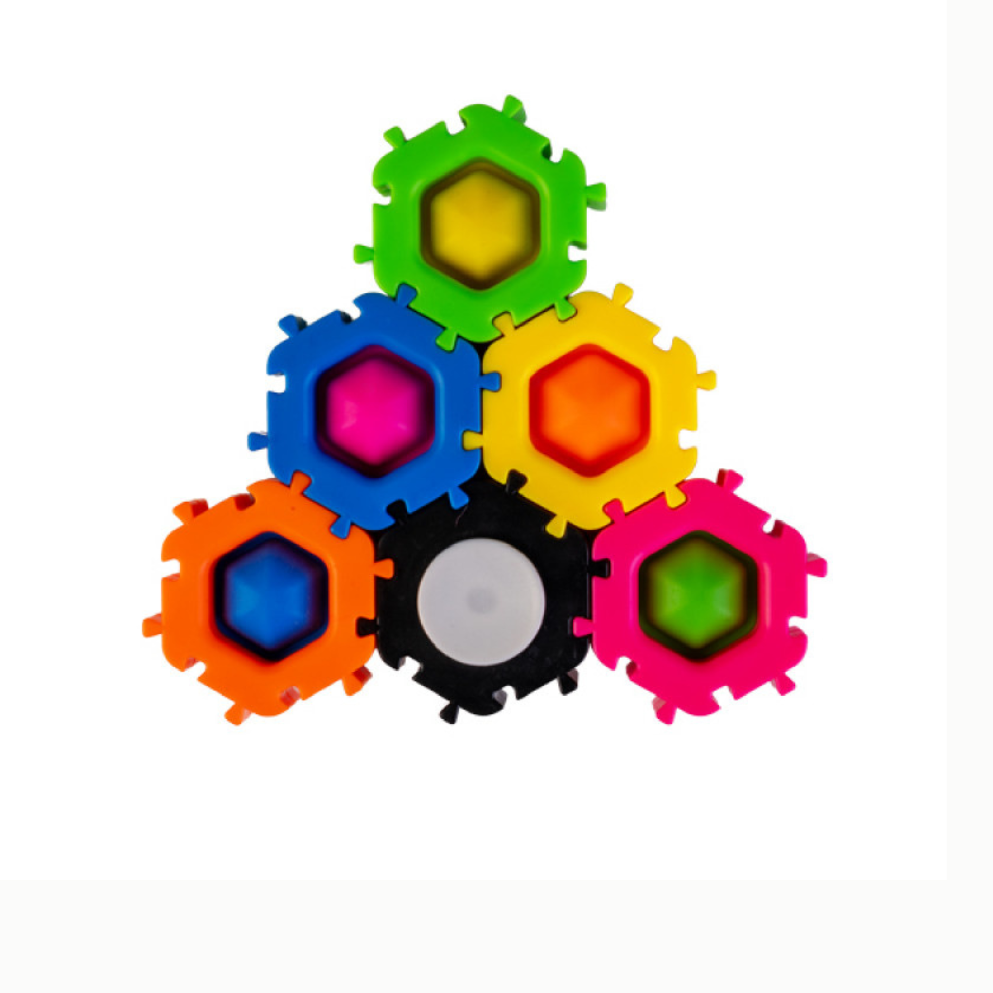 Colorful gear-shaped toys on a white background