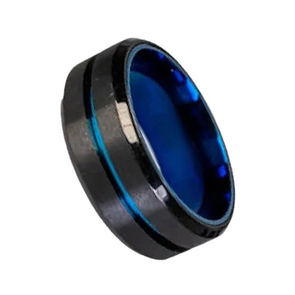 Black ring with blue interior on a white background the ring is a rotating fidget ring