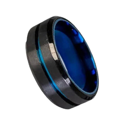 Black ring with blue interior on a white background the ring is a rotating fidget ring