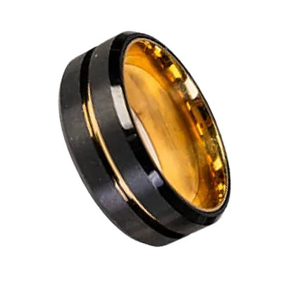 Black and gold ring on a white background - the ring is a rotating fidget ring