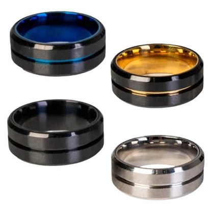 Four metallic rings with different color accents on a white background