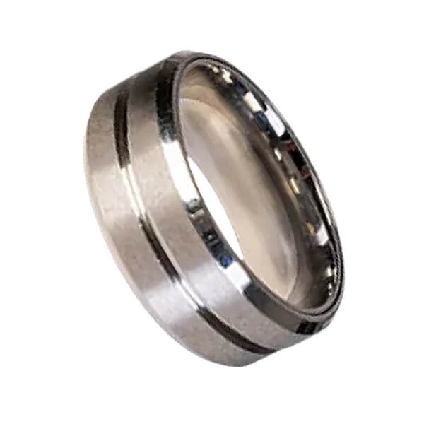 Silver ring with beveled edges on a white background fidget ring